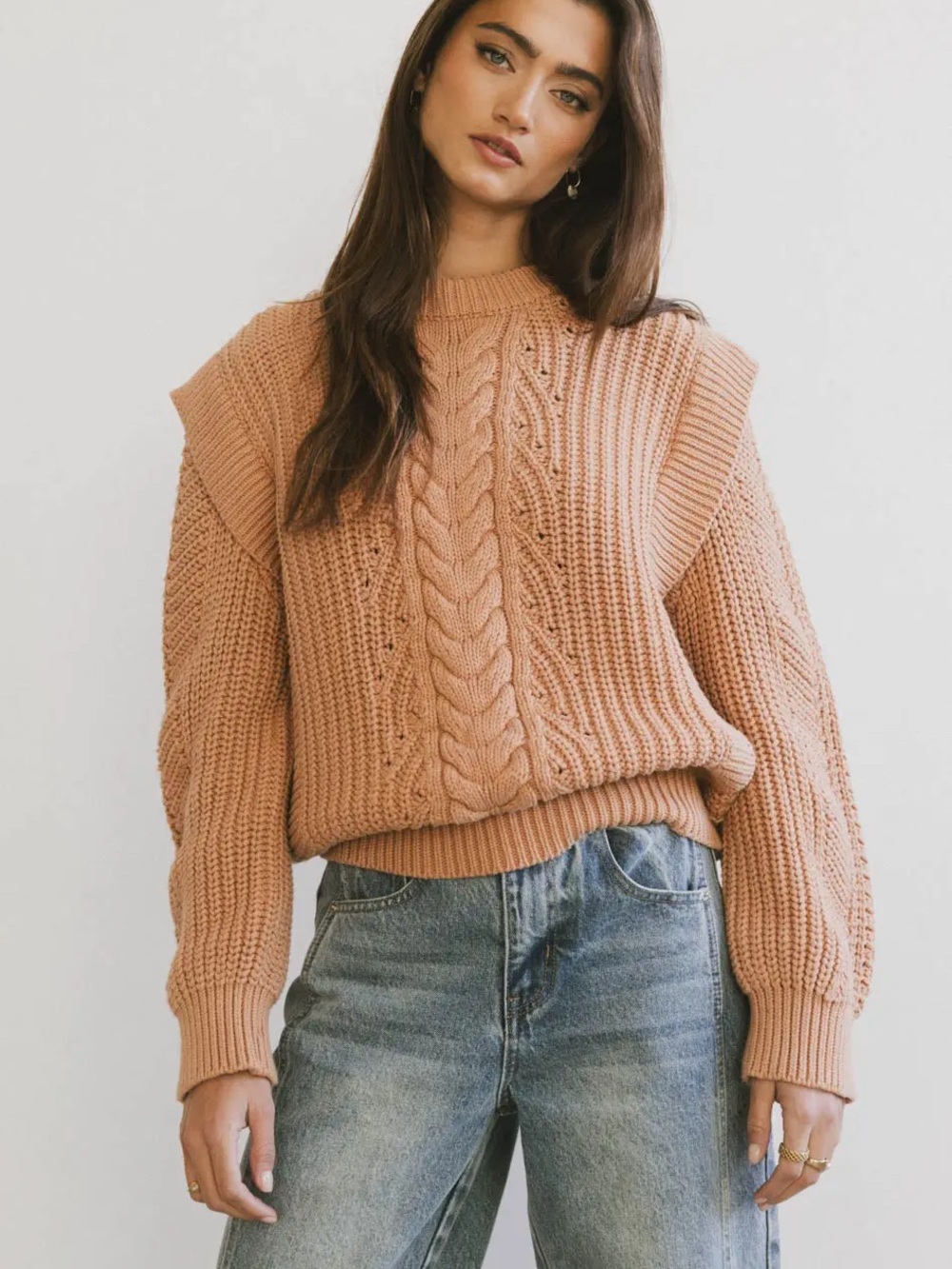 Cable-Knit Pullover Sweater in Blush